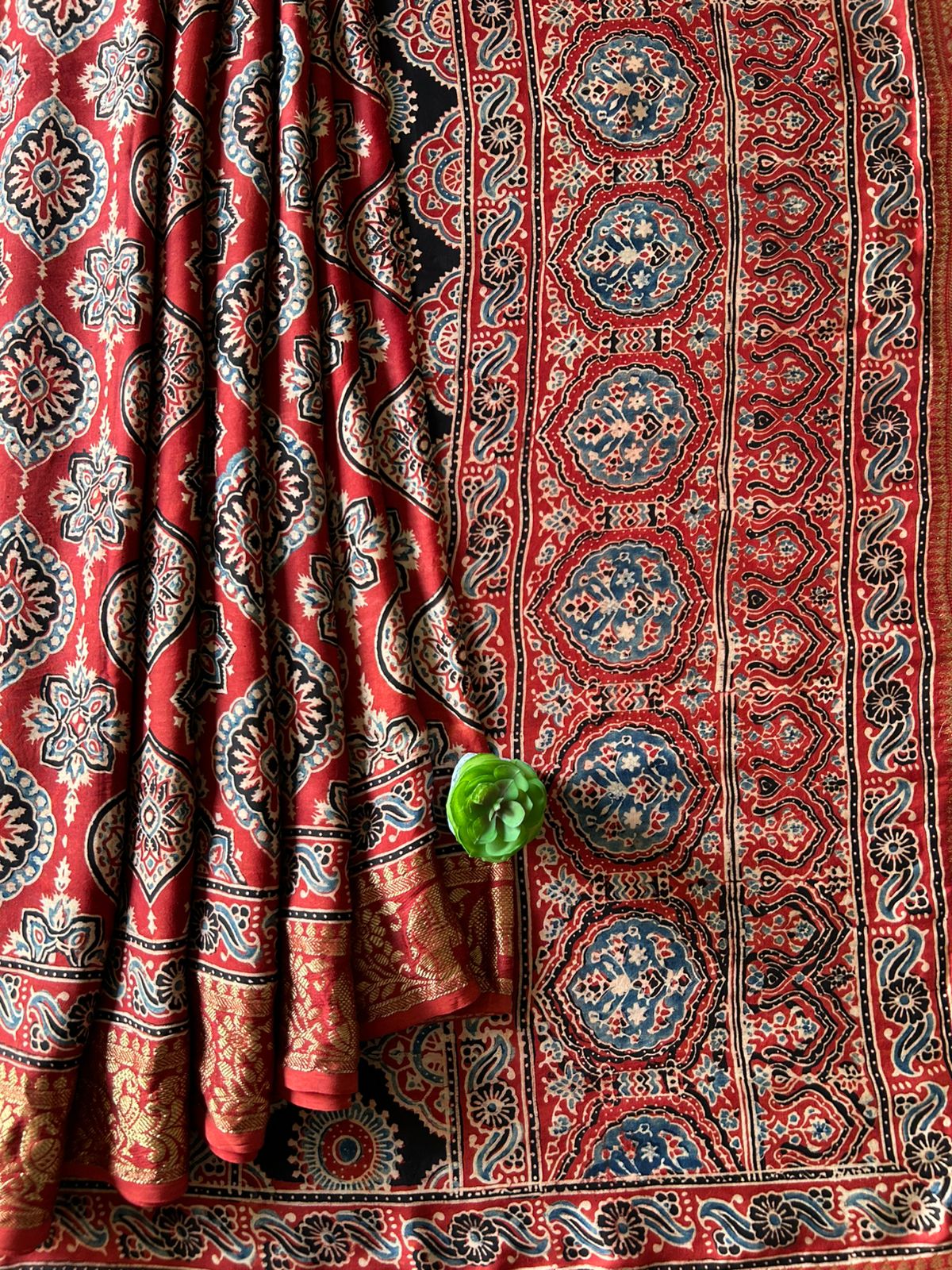 IKTARA:HANDBLOCK AJRAKH MODAL SILK SAREE WITH MEENAKARI PALLU