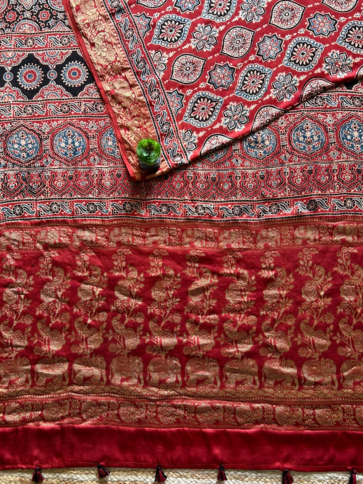 IKTARA:HANDBLOCK AJRAKH MODAL SILK SAREE WITH MEENAKARI PALLU