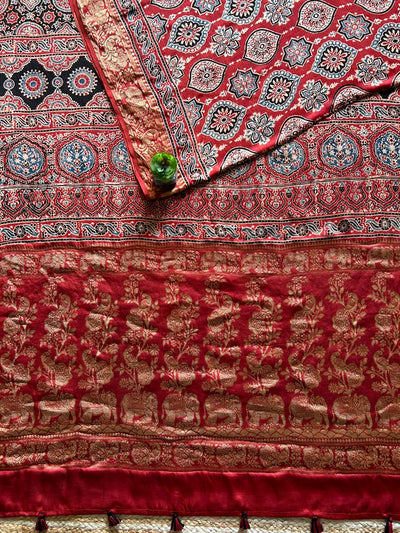 IKTARA:HANDBLOCK AJRAKH MODAL SILK SAREE WITH MEENAKARI PALLU