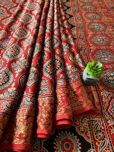 IKTARA:HANDBLOCK AJRAKH MODAL SILK SAREE WITH MEENAKARI PALLU