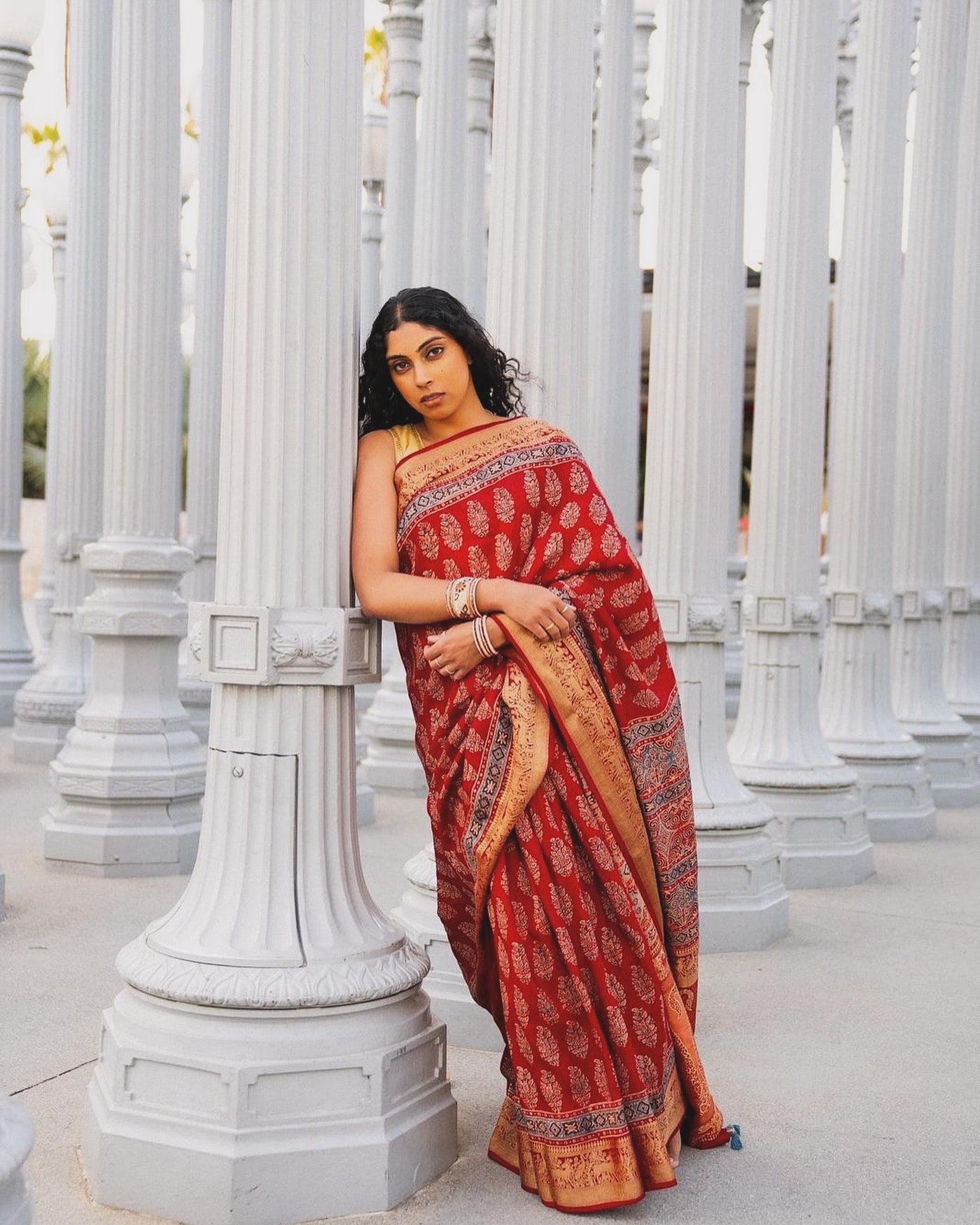 PREET:Handblock Ajrakh Dola Silk Saree With Meenakari Pallu.