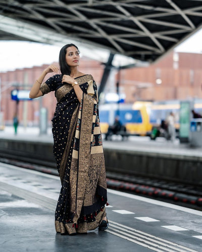 Bindu:Handblock Ajrakh Dola Silk Ajrakh Saree with Meenakari Pallu