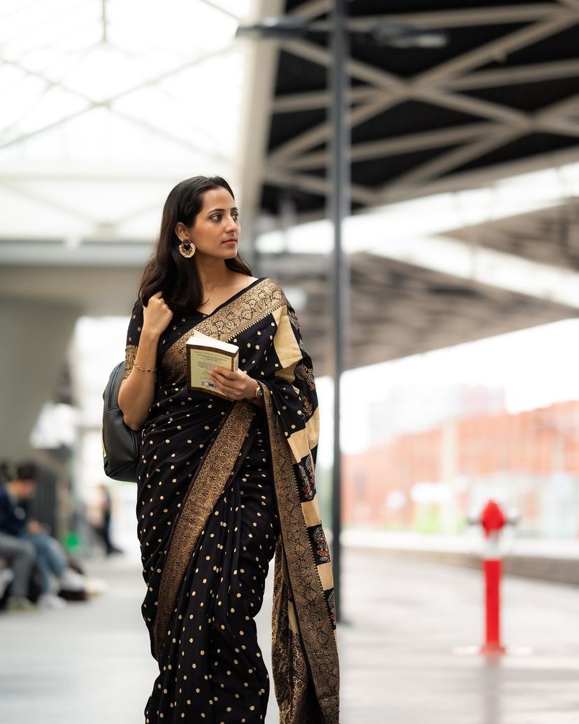 Bindu:Handblock Ajrakh Dola Silk Ajrakh Saree with Meenakari Pallu