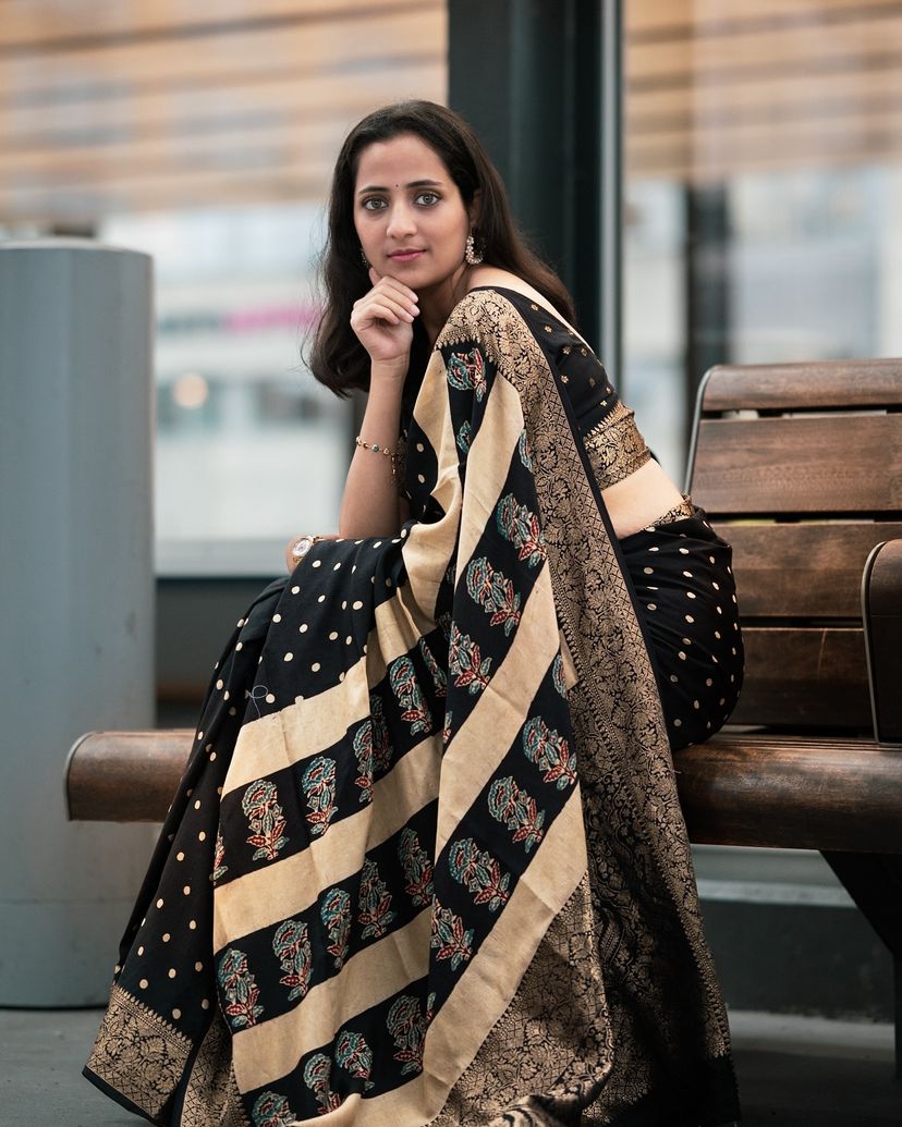 Bindu:Handblock Ajrakh Dola Silk Ajrakh Saree with Meenakari Pallu