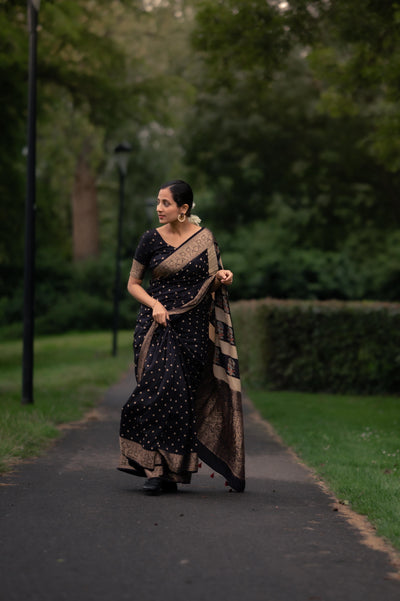 Bindu:Handblock Ajrakh Dola Silk Ajrakh Saree with Meenakari Pallu