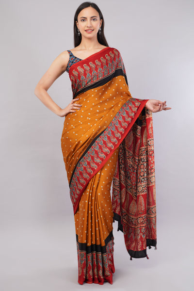 LALIMA:HANDMADE AJRAKH BANDHEJ MODAL SILK SAREE