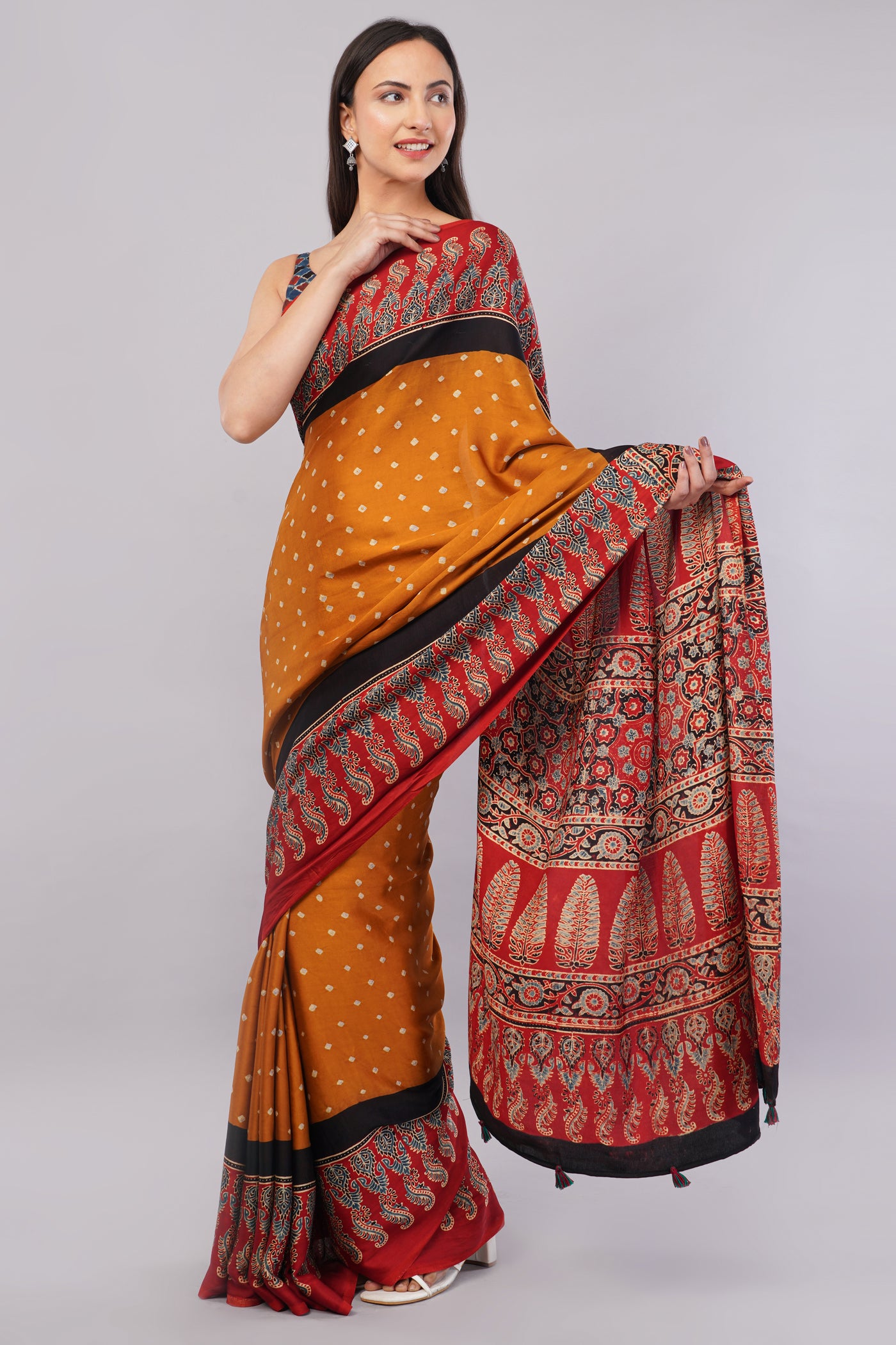 LALIMA:HANDMADE AJRAKH BANDHEJ MODAL SILK SAREE