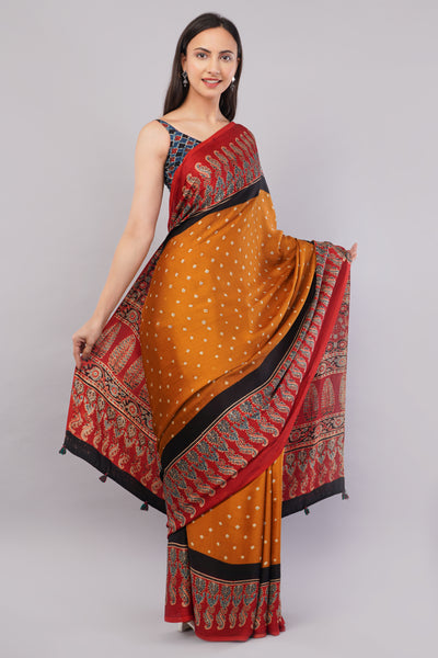 LALIMA:HANDMADE AJRAKH BANDHEJ MODAL SILK SAREE