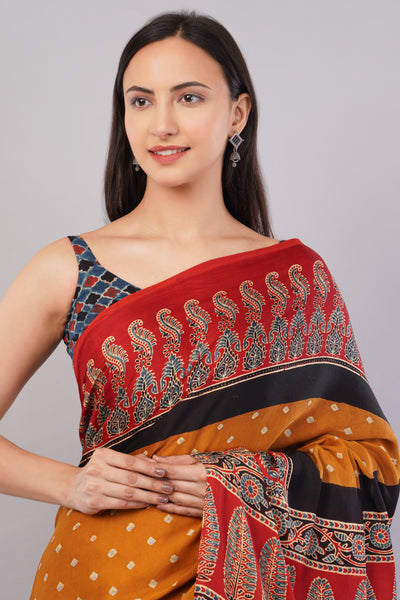 LALIMA:HANDMADE AJRAKH BANDHEJ MODAL SILK SAREE