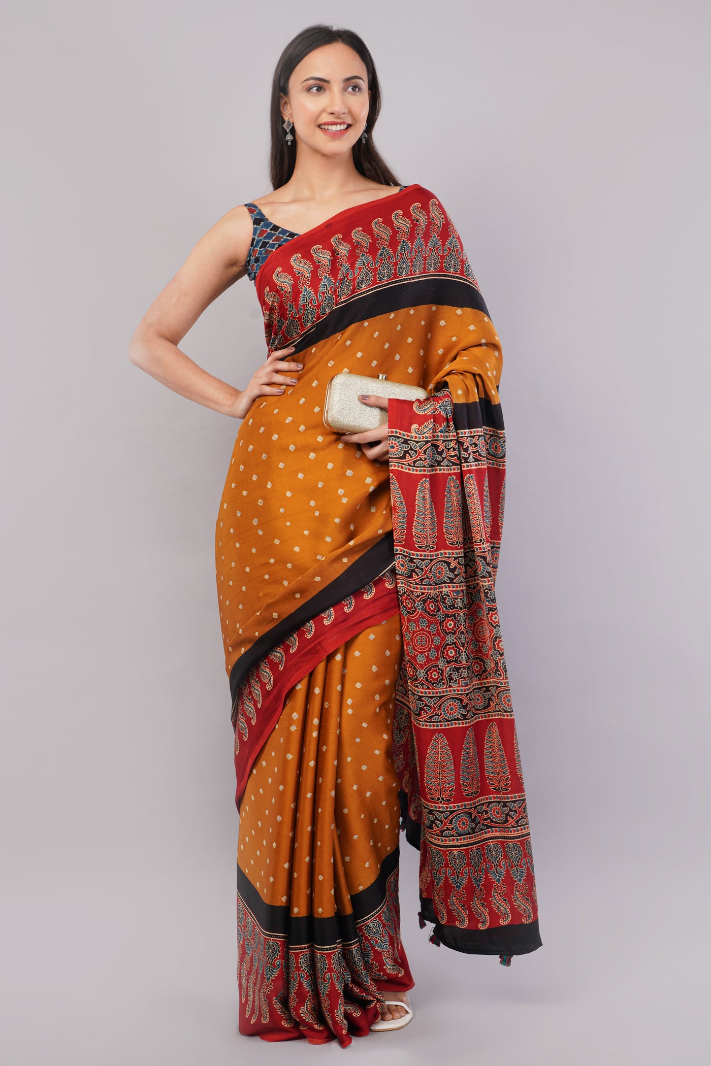 LALIMA:HANDMADE AJRAKH BANDHEJ MODAL SILK SAREE