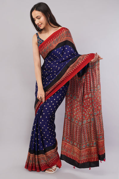 INDRADHANUSH:HANDMADE AJRAKH BANDHEJ MODAL SILK SAREE