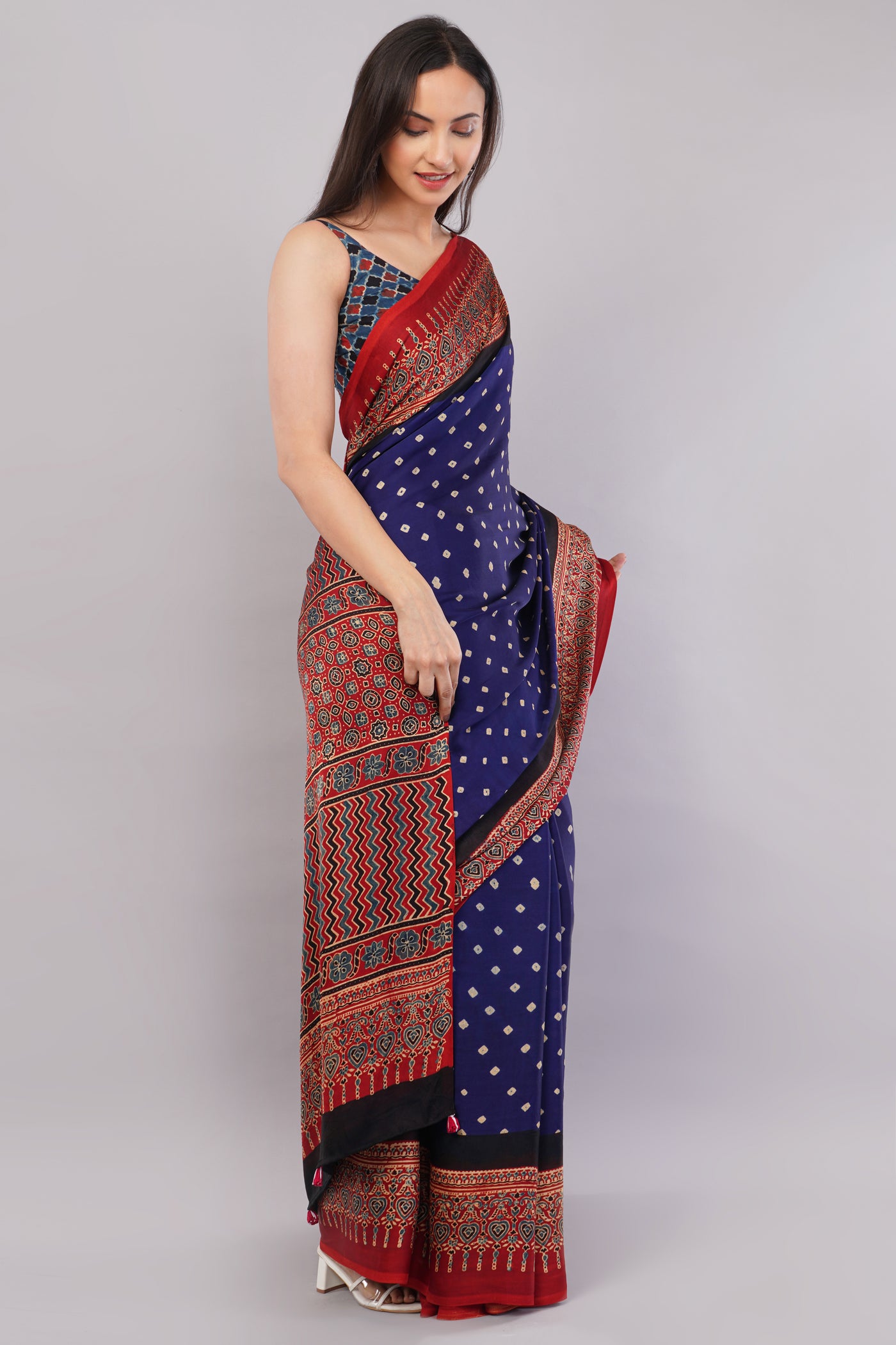 INDRADHANUSH:HANDMADE AJRAKH BANDHEJ MODAL SILK SAREE