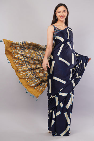 Ridhima:Handmade Clamp Dyed- Ajrakh Modal Silk Saree