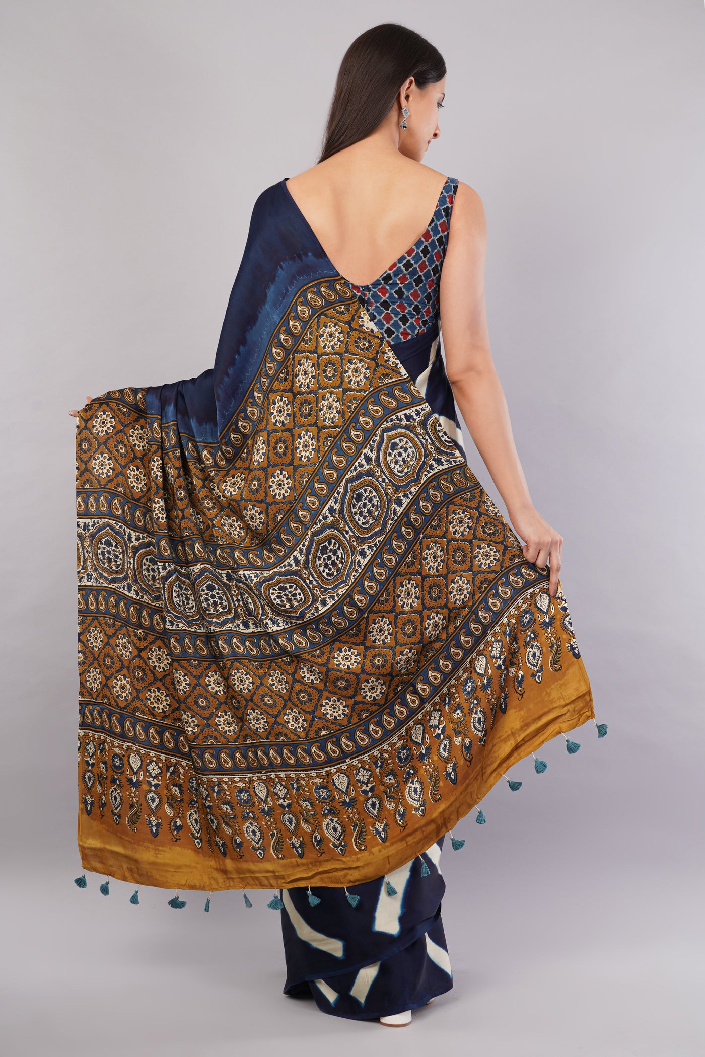 Ridhima:Handmade Clamp Dyed- Ajrakh Modal Silk Saree