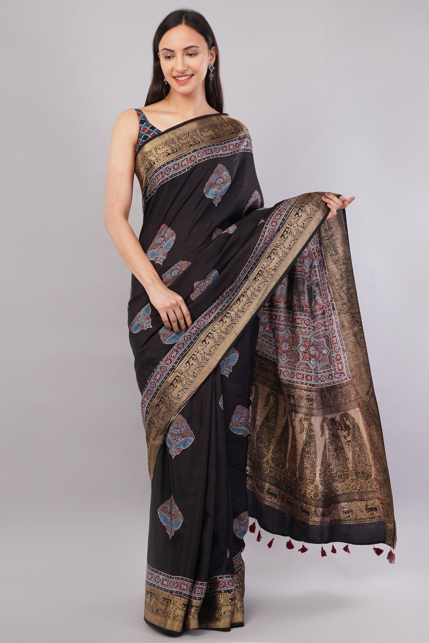 MEERA: HANDBLOCK AJRAKH PREMIUM DOLA SILK SAREE WITH MEENAKARI PALLU