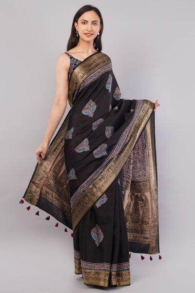 MEERA: HANDBLOCK AJRAKH PREMIUM DOLA SILK SAREE WITH MEENAKARI PALLU