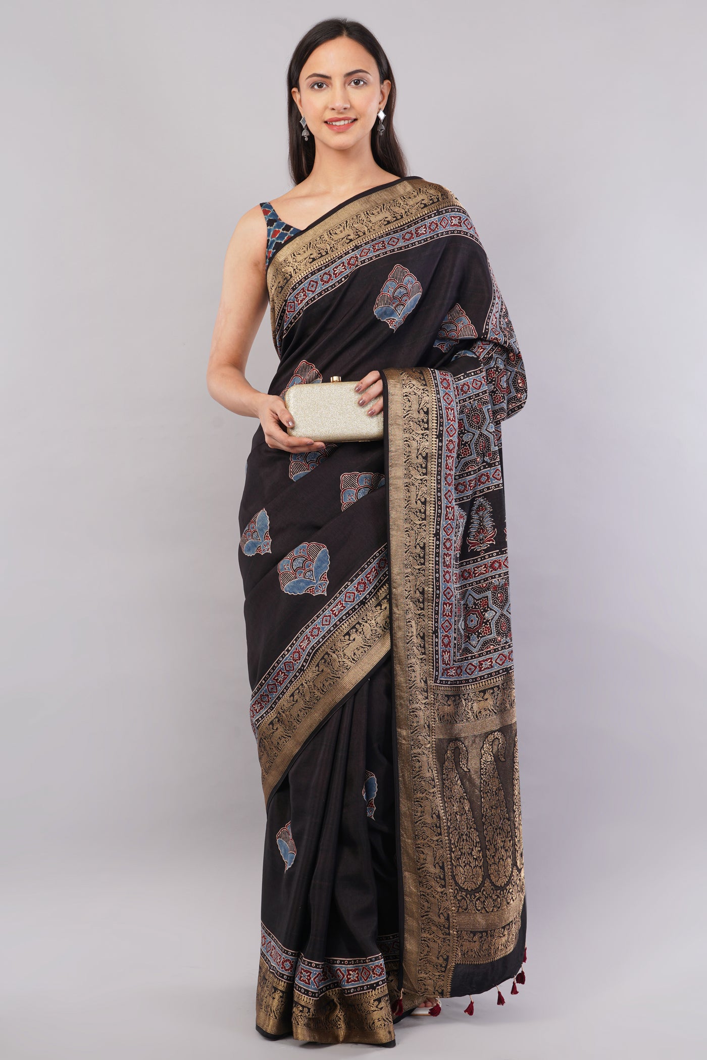 MEERA: HANDBLOCK AJRAKH PREMIUM DOLA SILK SAREE WITH MEENAKARI PALLU