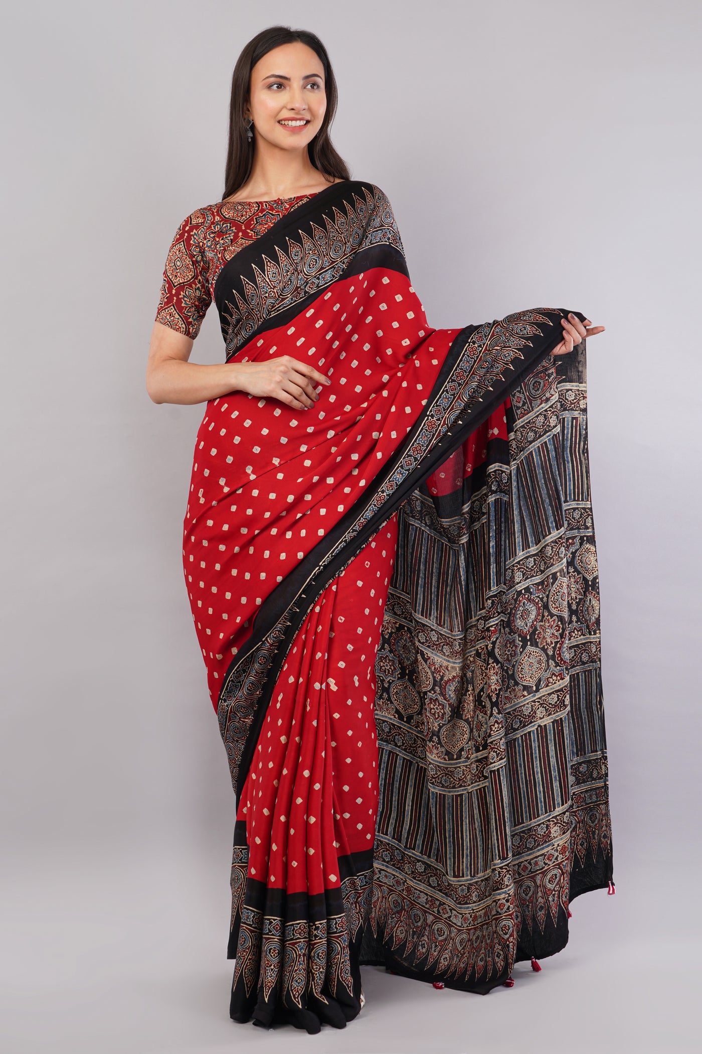 MAUSAM:HANDMADE AJRAKH BANDHEJ MODAL SILK SAREE