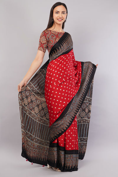 MAUSAM:HANDMADE AJRAKH BANDHEJ MODAL SILK SAREE