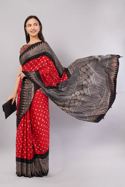 MAUSAM:HANDMADE AJRAKH BANDHEJ MODAL SILK SAREE