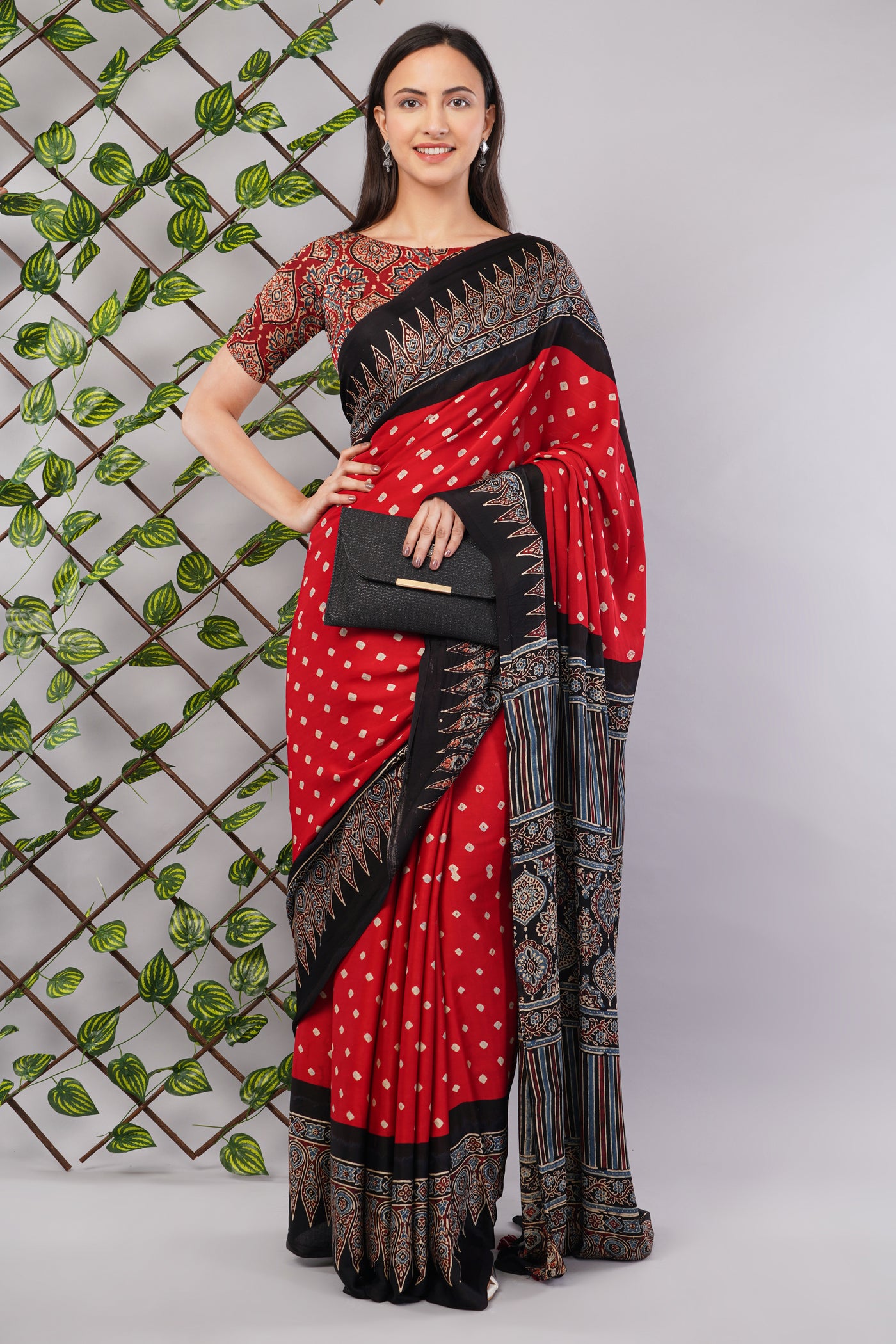 MAUSAM:HANDMADE AJRAKH BANDHEJ MODAL SILK SAREE