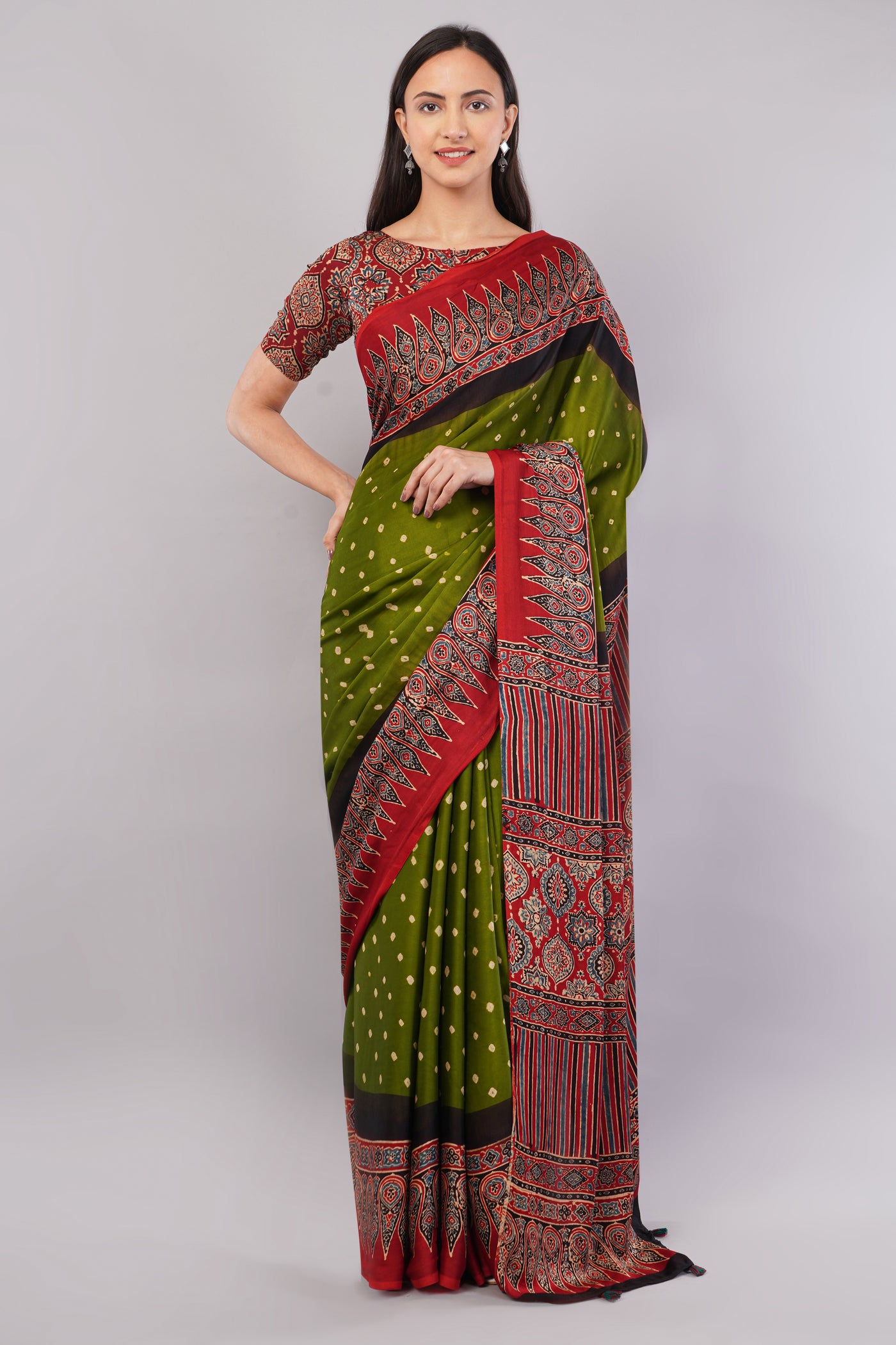 KASTURI:HINA GREEN,HANDMADE AJRAKH BANDHEJ MODAL SILK SAREE