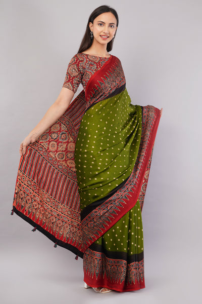 KASTURI:HINA GREEN,HANDMADE AJRAKH BANDHEJ MODAL SILK SAREE