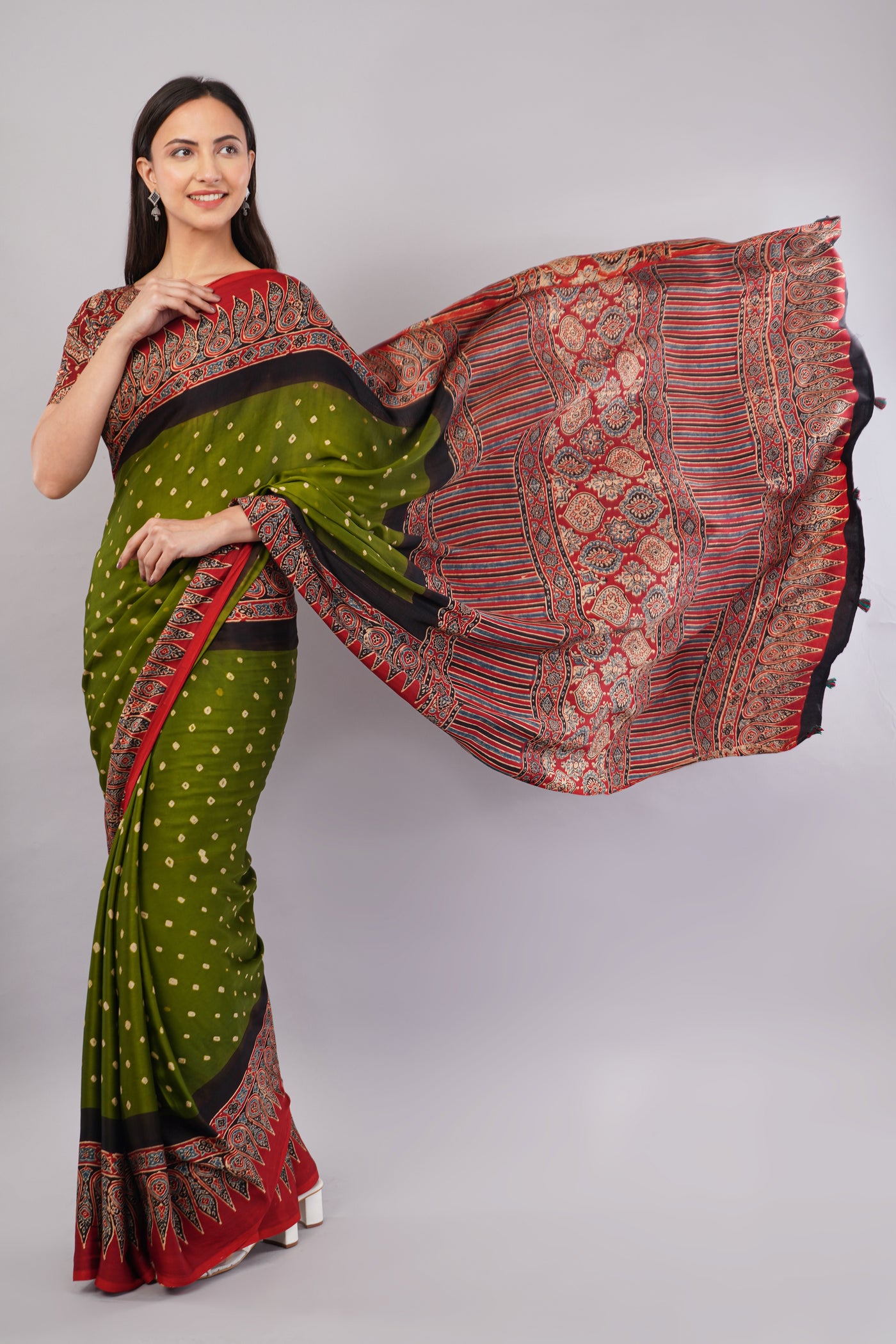 KASTURI:HINA GREEN,HANDMADE AJRAKH BANDHEJ MODAL SILK SAREE