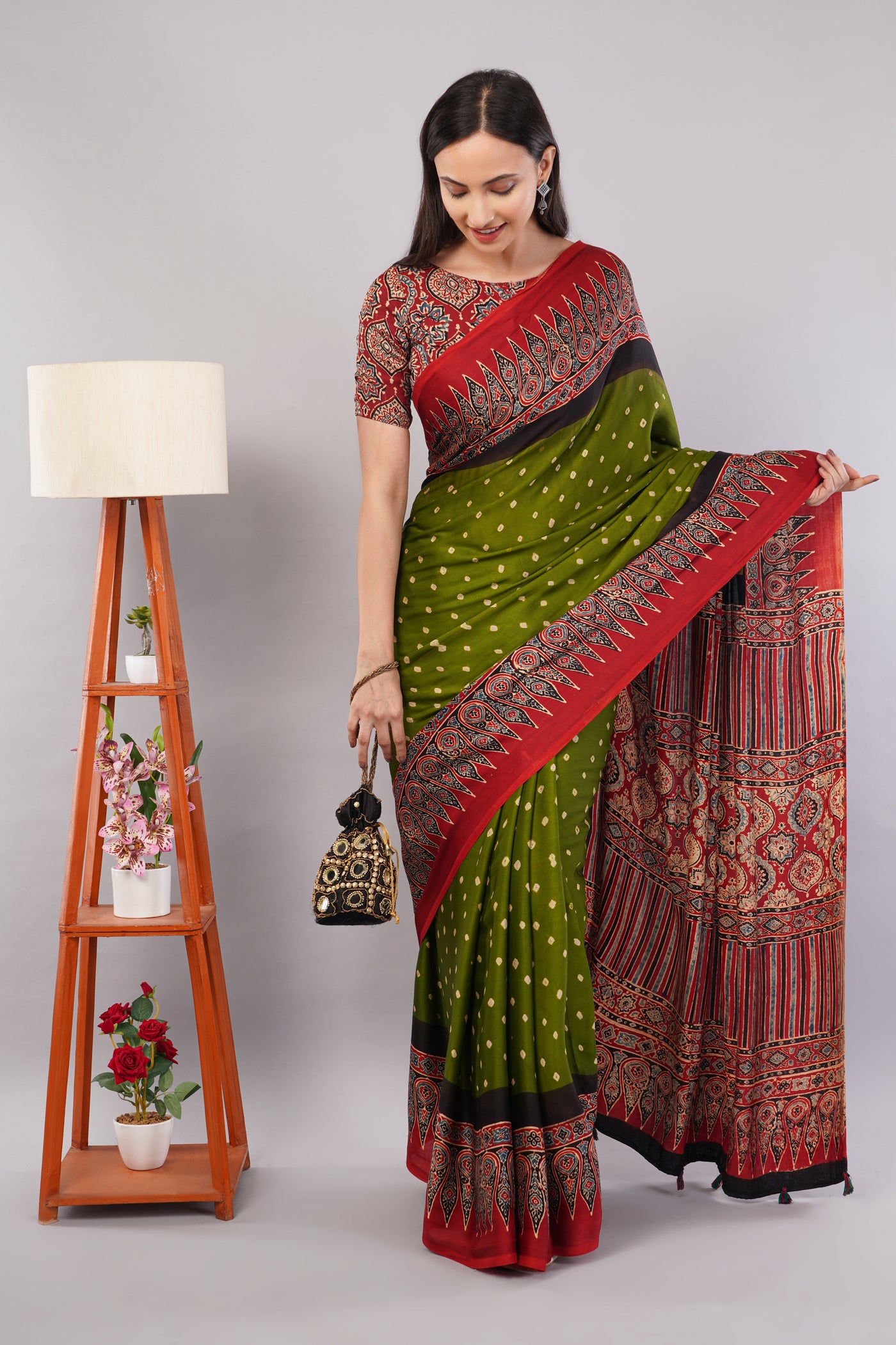 KASTURI:HINA GREEN,HANDMADE AJRAKH BANDHEJ MODAL SILK SAREE