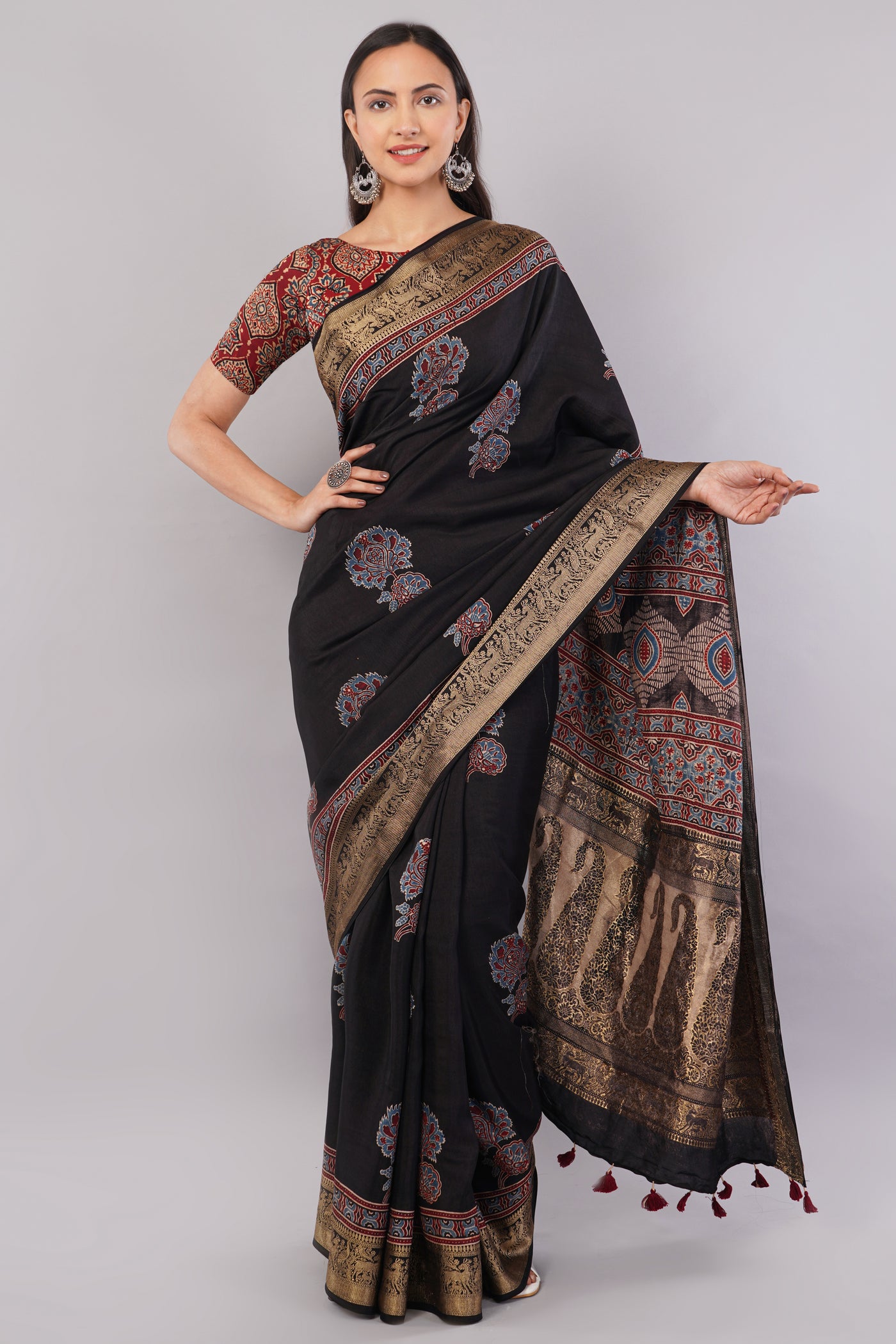 KETKI:HANDBLOCK AJRAKH DOLA SILK SAREE WITH MEENAKARI PALLU