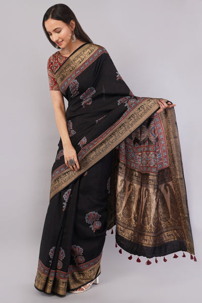 KETKI:HANDBLOCK AJRAKH DOLA SILK SAREE WITH MEENAKARI PALLU