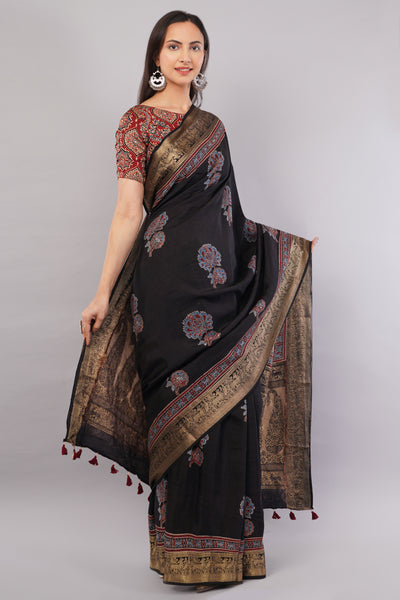 KETKI:HANDBLOCK AJRAKH DOLA SILK SAREE WITH MEENAKARI PALLU