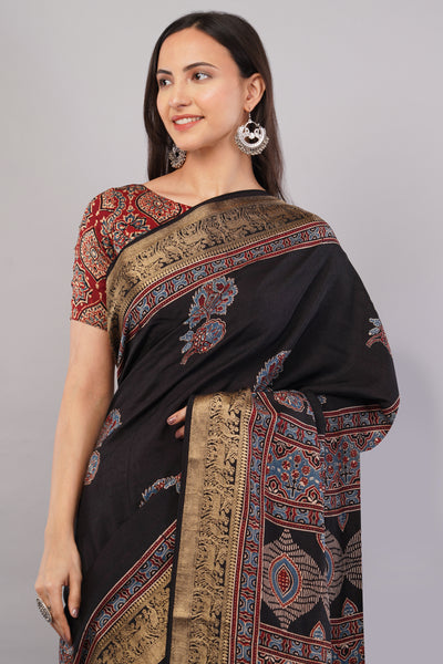 KETKI:HANDBLOCK AJRAKH DOLA SILK SAREE WITH MEENAKARI PALLU