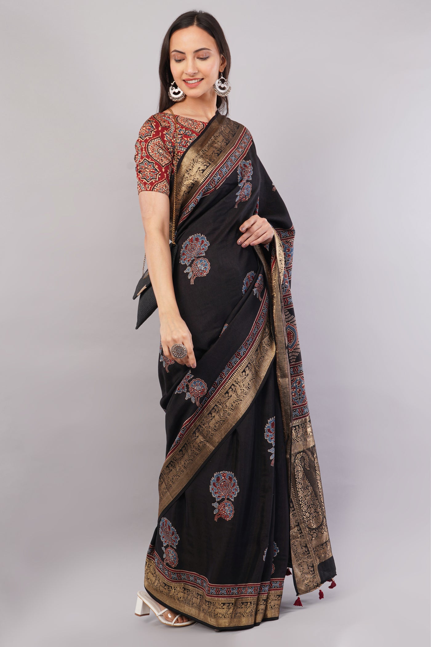 KETKI:HANDBLOCK AJRAKH DOLA SILK SAREE WITH MEENAKARI PALLU