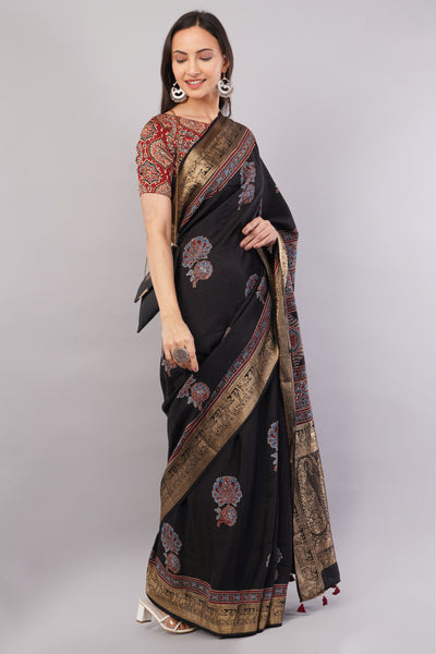 KETKI:HANDBLOCK AJRAKH DOLA SILK SAREE WITH MEENAKARI PALLU