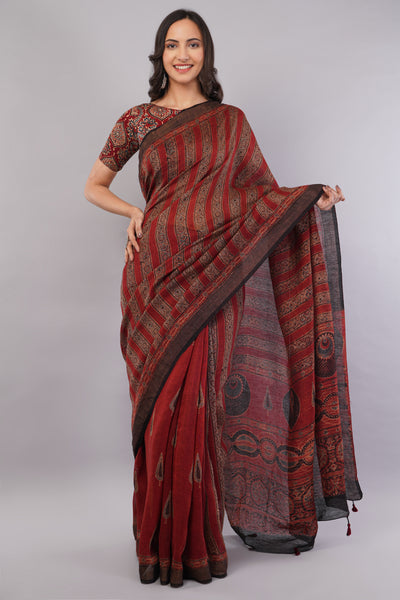 RIDDHIMA: MADDER HANDBLOCK AJRAKH PURE SILK-LINEN SAREE