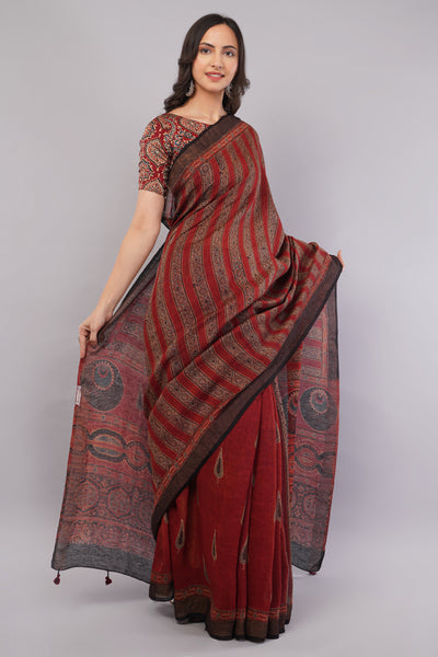 RIDDHIMA: MADDER HANDBLOCK AJRAKH PURE SILK-LINEN SAREE