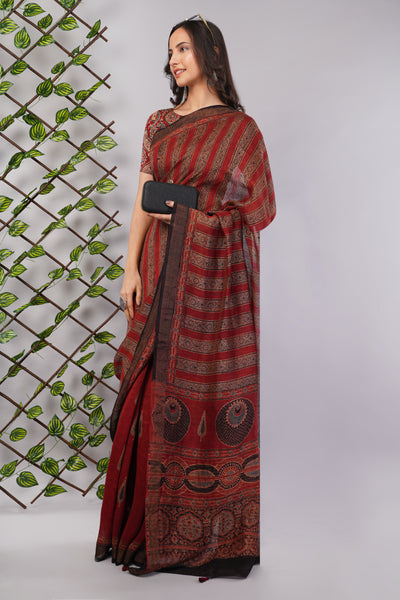 RIDDHIMA: MADDER HANDBLOCK AJRAKH PURE SILK-LINEN SAREE