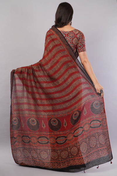 RIDDHIMA: MADDER HANDBLOCK AJRAKH PURE SILK-LINEN SAREE