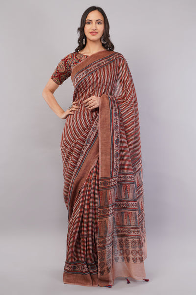 ANJANA:CREAM HANDBLOCK AJRAKH PURE SILK-LINEN SAREE