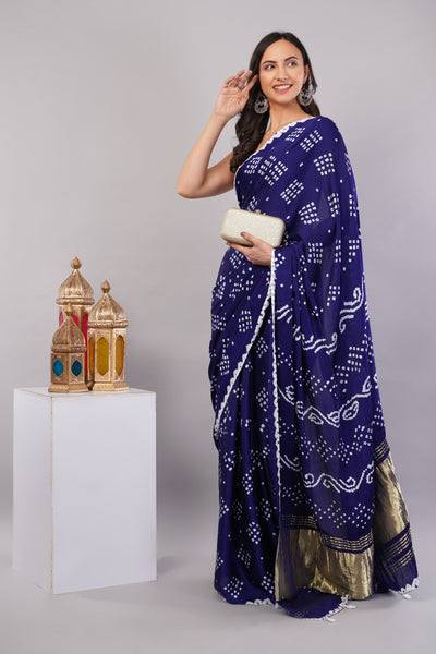 TITLI: BLUE,HANDMADE BANDHANI MODAL SILK SAREE WITH TISSUE PALLU