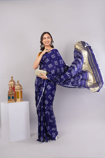 TITLI: BLUE,HANDMADE BANDHANI MODAL SILK SAREE WITH TISSUE PALLU