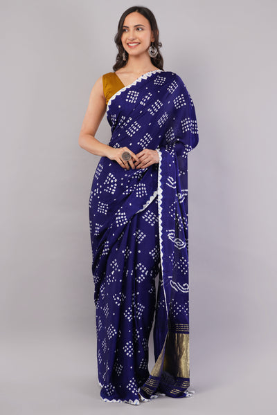 TITLI: BLUE,HANDMADE BANDHANI MODAL SILK SAREE WITH TISSUE PALLU