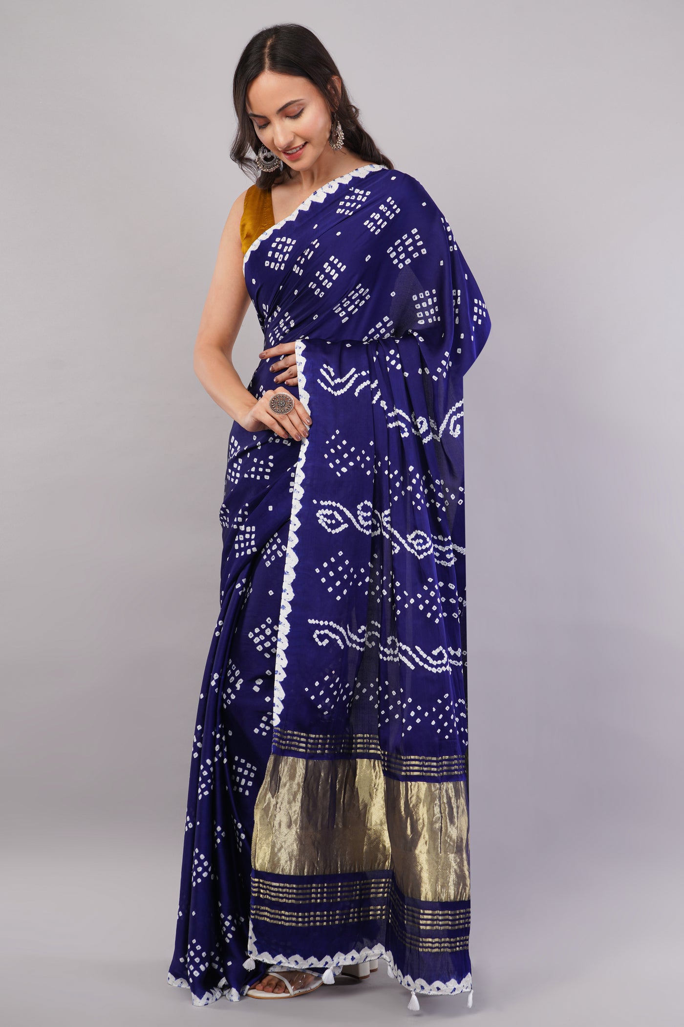 TITLI: BLUE,HANDMADE BANDHANI MODAL SILK SAREE WITH TISSUE PALLU