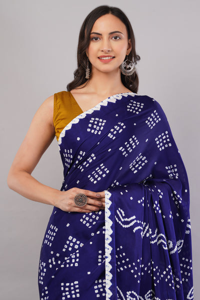 TITLI: BLUE,HANDMADE BANDHANI MODAL SILK SAREE WITH TISSUE PALLU