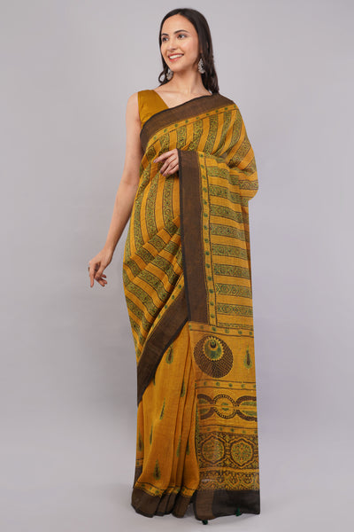 BASANT:MUSTARD HANDBLOCK AJRAKH PURE SILK-LINEN SAREE