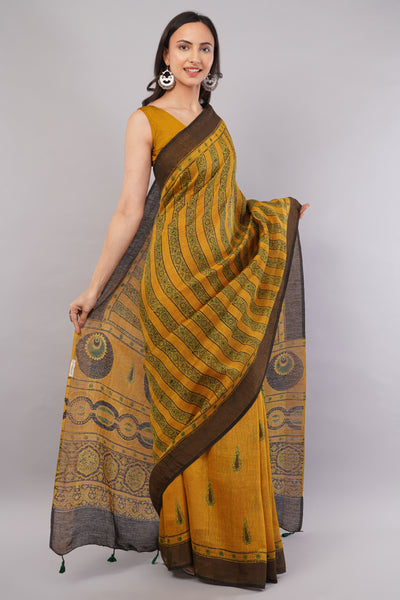 BASANT:MUSTARD HANDBLOCK AJRAKH PURE SILK-LINEN SAREE