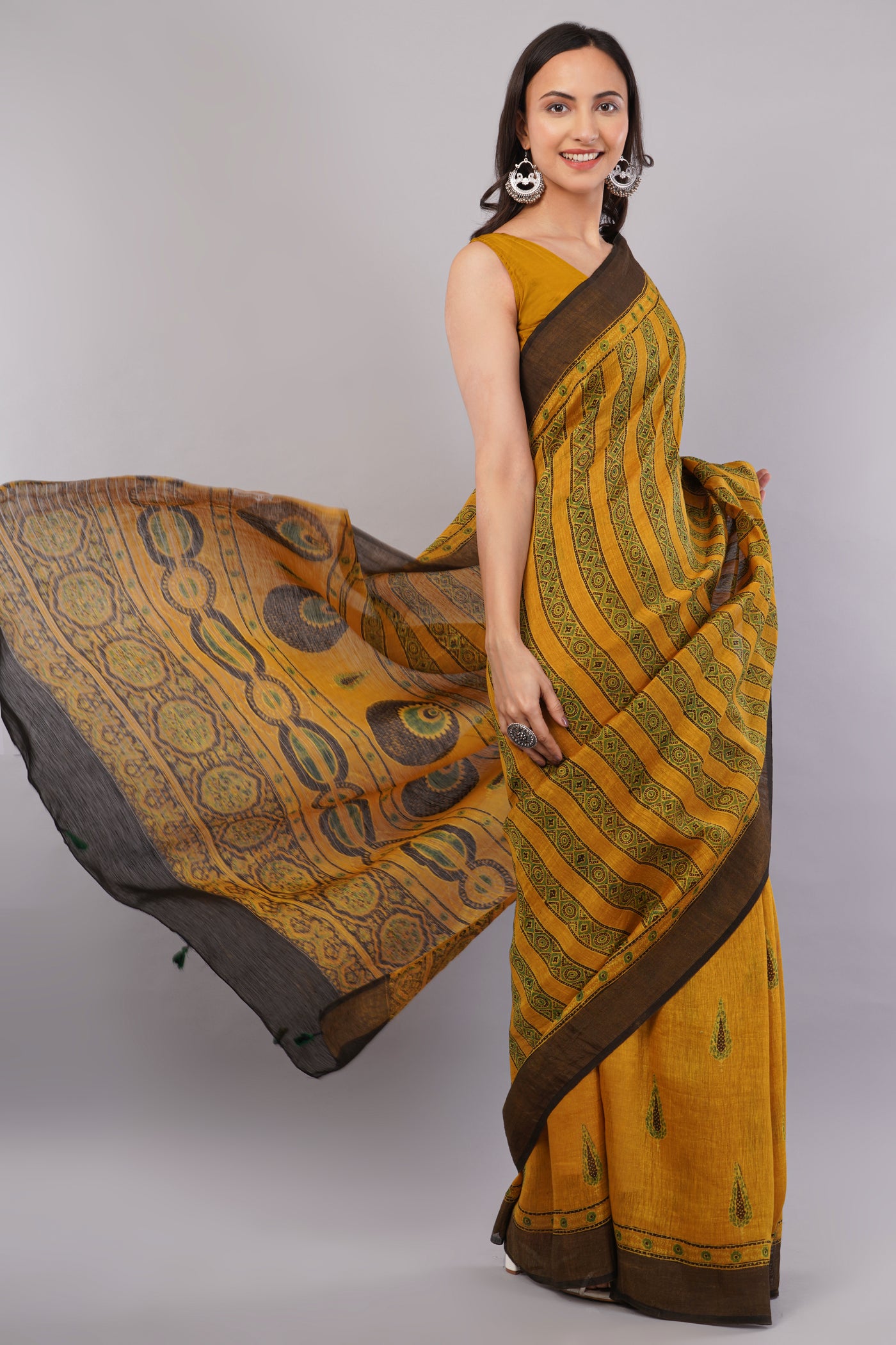 BASANT:MUSTARD HANDBLOCK AJRAKH PURE SILK-LINEN SAREE