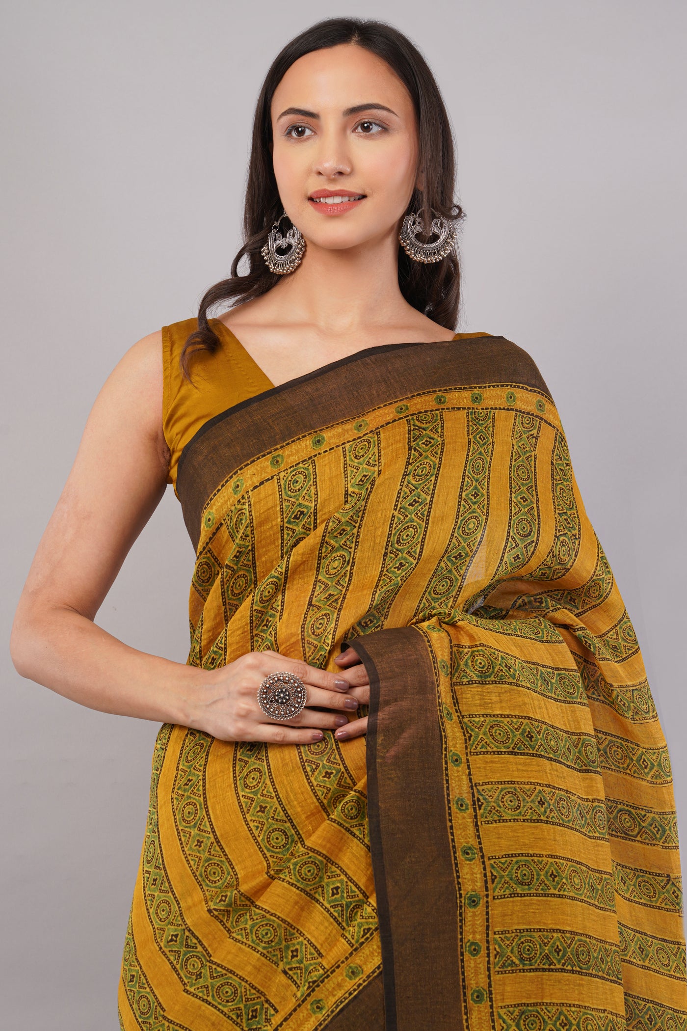 BASANT:MUSTARD HANDBLOCK AJRAKH PURE SILK-LINEN SAREE