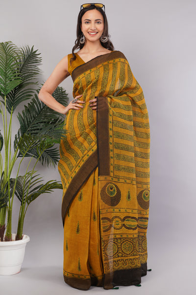 BASANT:MUSTARD HANDBLOCK AJRAKH PURE SILK-LINEN SAREE